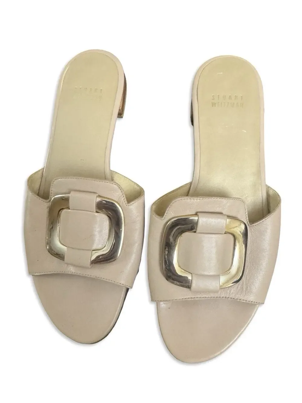 Stuart Weitzman Blush Pink Tan Leather Slip-ons Gold Buckle Size 7
